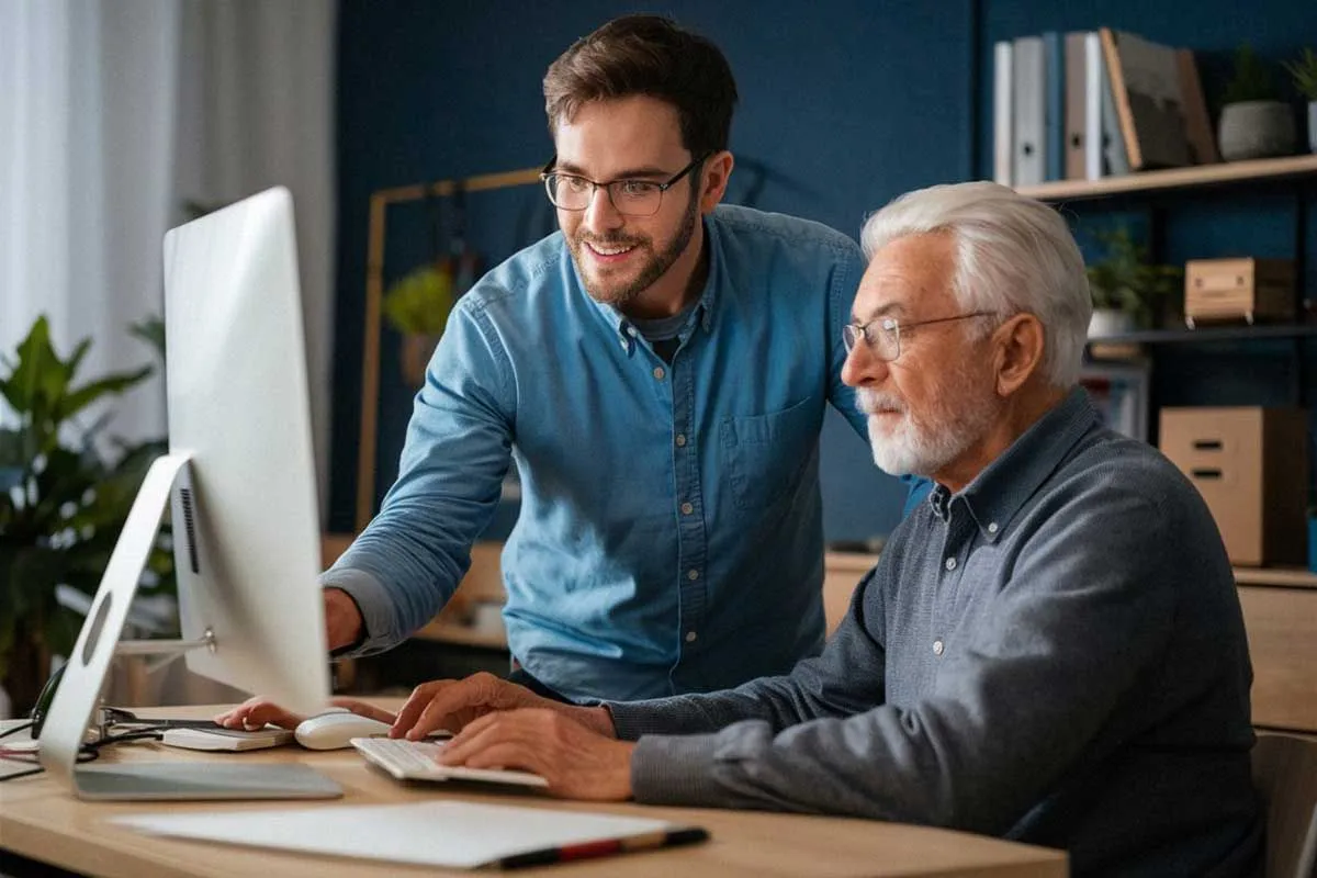 Male technician assisting senior man with using an all-in-one computer in his home office